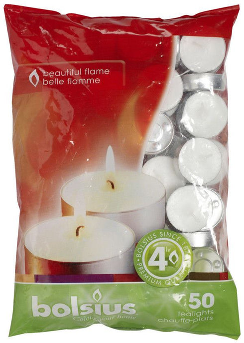 White Tealight Candles - 4hr Burn Time, Pack of 50 | BOLSIUS