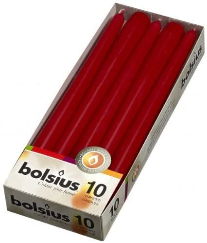 BOLSIUS DARK RED TAPERED DINNER CANDLES 245MM 7.5H 10/PK. 103600352244