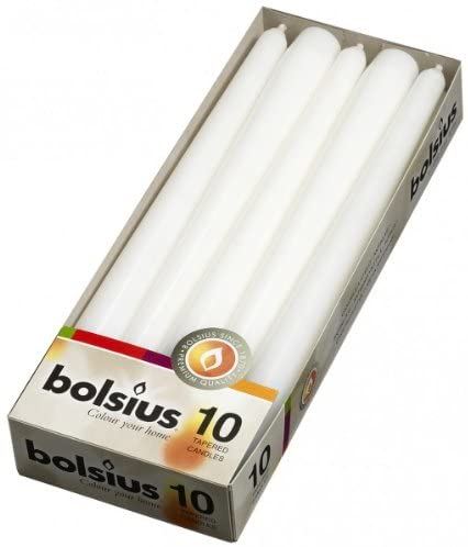 BOLSIUS WHITE TAPERED DINNER CANDLES 245MM 7.5H 10/PK. 103600352202