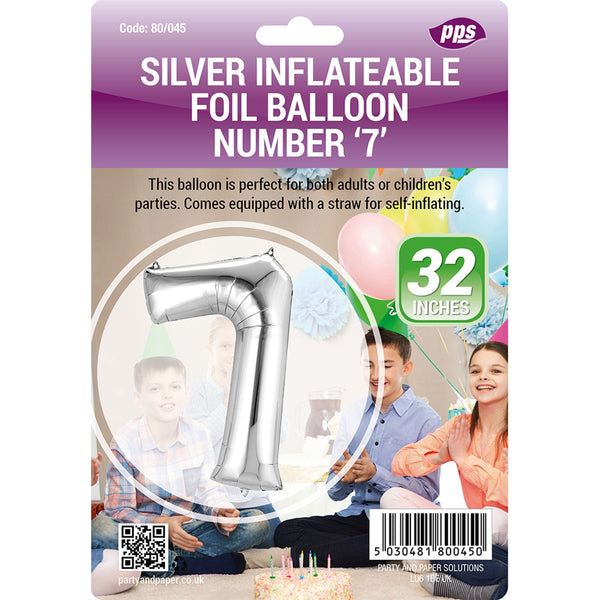 Silver Number 7 Balloon - Giant 82cm Foil Decoration | PPS80045