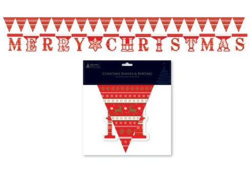 CHRISTMAS GREETING BANNER ~ FESTIVE BUNTING SET - IDEAL CHRISTMAS DECORATION TRADITIONAL RED GREEN. BSTC
