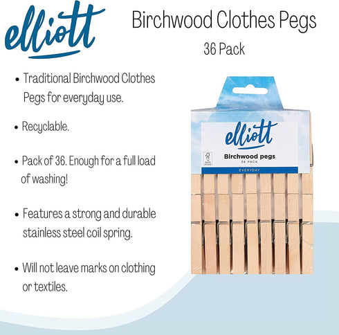 Birchwood Clothes Pegs - ELLIOTT 36 PCS Hardwood Laundry Clips