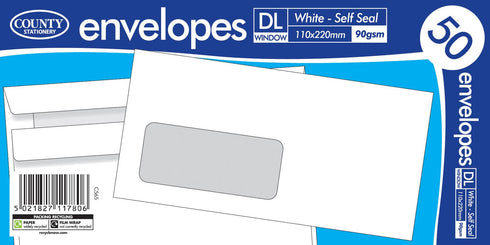 Self Seal Envelopes - COUNTY DL White Window 50 Pack C565