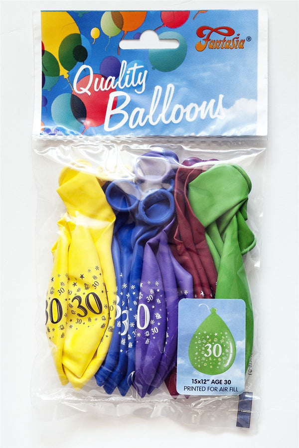 FANTASIA 12 INCH LATEX 30TH BIRTHDAY BALLOONS 15PK. PB030