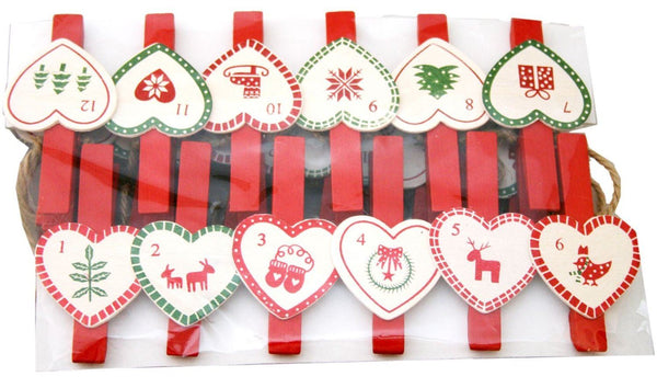 CHRISTMAS ADVENT CALENDAR PEG GARLAND 60CM - HEART DESIGN. XM2454HEART