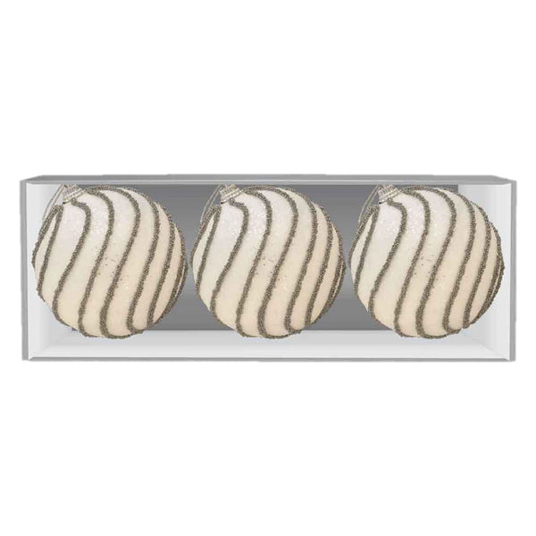 3 WHITE WITH SILVER TRELLIS BAUBLES 80MM. DP54711