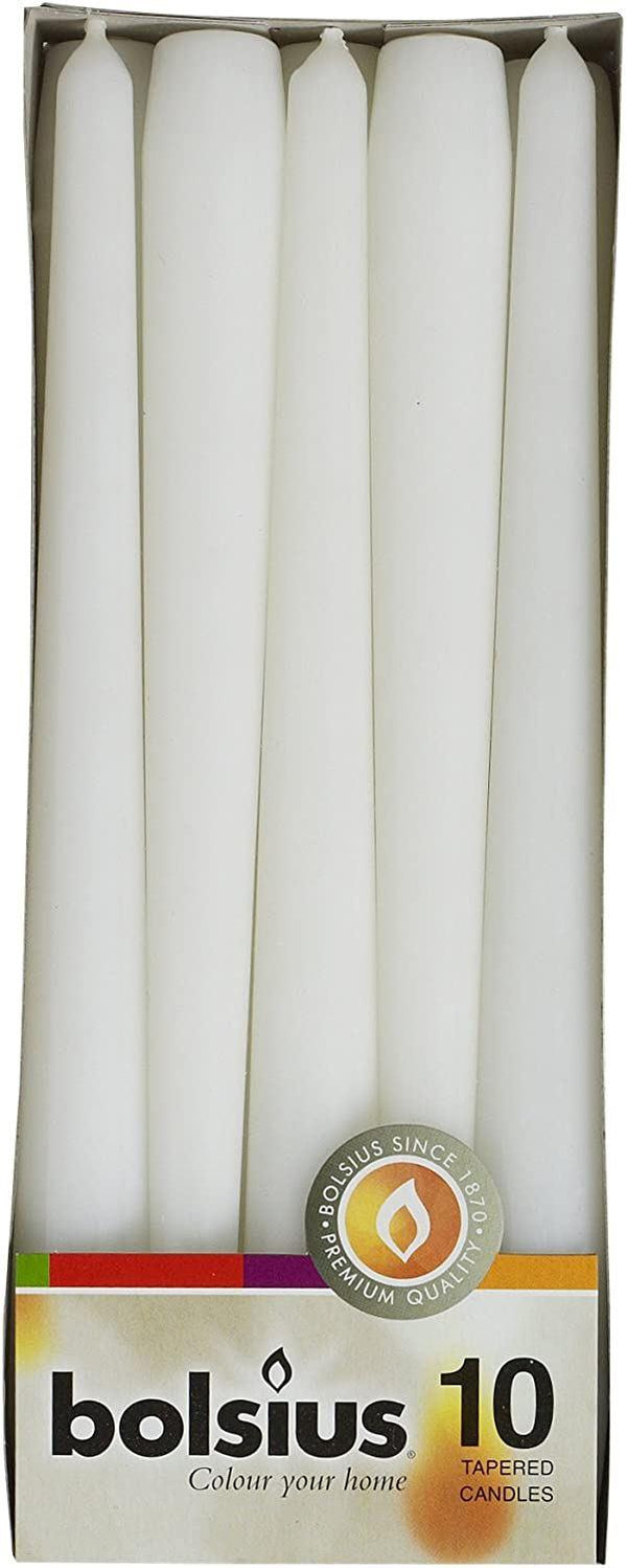 BOLSIUS WHITE TAPERED DINNER CANDLES 245MM 7.5H 10/PK. 103600352202
