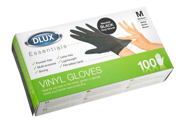 DLUX ESSENTIALS BLENDED BLACK VINYL GLOVES MEDIUM PACK 100. Z2986