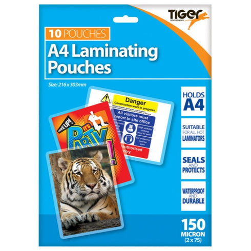 A4 Laminating Pouches - Tiger Stationery 150 Micron 10 Pack