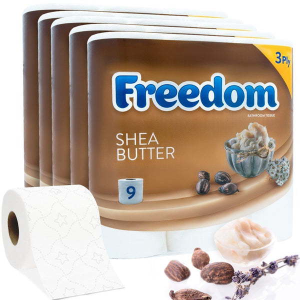 FREEDOM 3 PLY TOILET ROLLS SHEA BUTTER PACK OF 5 X 9 ROLLS. F0905T3NSBN01 FRT39SH