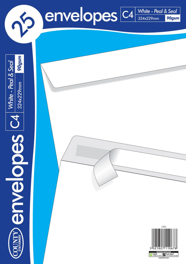 White Peel Seal Envelopes - COUNTY C4 25 Pack C509