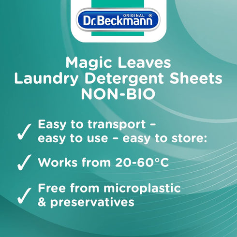 DR BECKMANN MAGIC LEAVES LAUNDRY DETERGENT SHEETS NON-BIO 25 SHEET. 2000