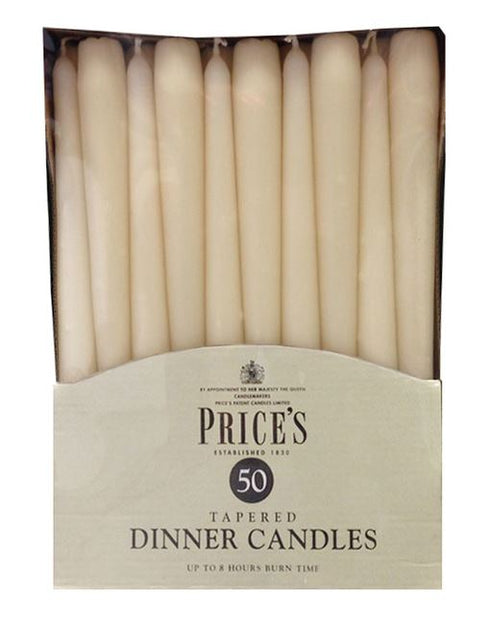 PRICES IVORY TAPERED DINNER CANDLE UNWRAPPED 7HRS 50/PK. TDC005016 327391