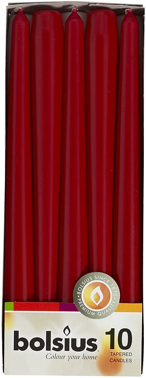BOLSIUS DARK RED TAPERED DINNER CANDLES 245MM 7.5H 10/PK. 103600352244