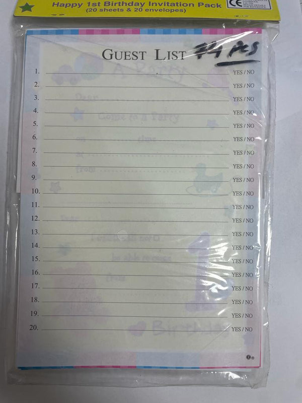 FIRST BIRTHDAY PARTY INVITATIONS CARDS 20/PK. DP07442