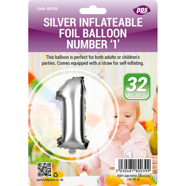 PPS GIANT STANDING FOIL NUMBER 1 BALLOON 82 CM - SILVER. PPS80039