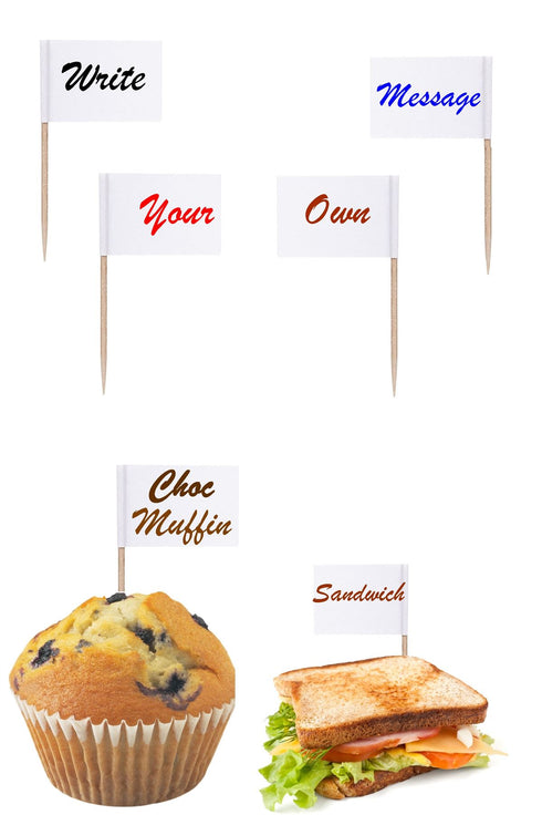 500 WHITE FLAG PICKS 8CM WRITE ON FLAG ON OWN MESSAGE. 16596