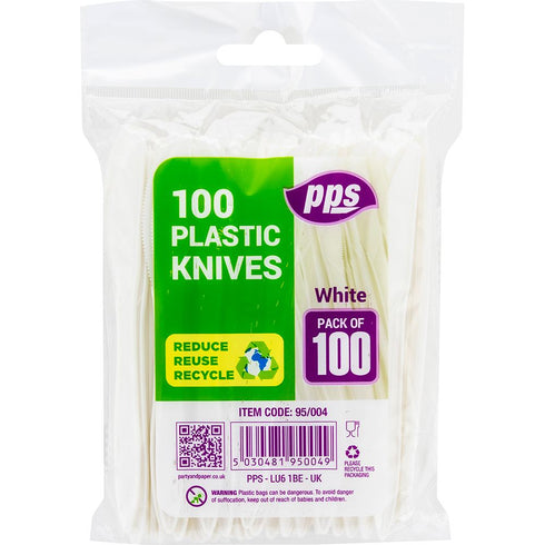 White Plastic Knives 100 Pack - PPS95004 Durable Cutlery