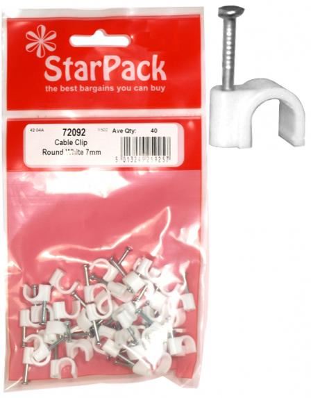 White Cable Clips 7mm - STAR PACK 40 Round Cable Clip 72092
