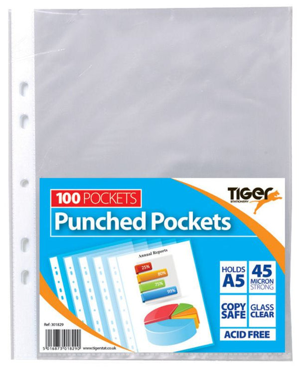 A5 Punched Pockets - TIGER 100 Pack T301829 Durable Storage